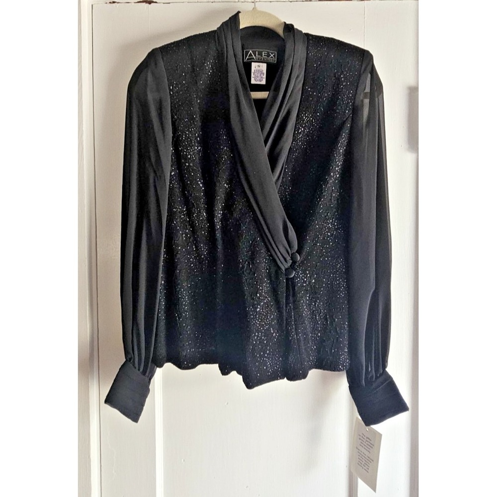 NWT Vtg Alex Evenings black shimmer wrap blouse draped  collar sheer sleeve S
